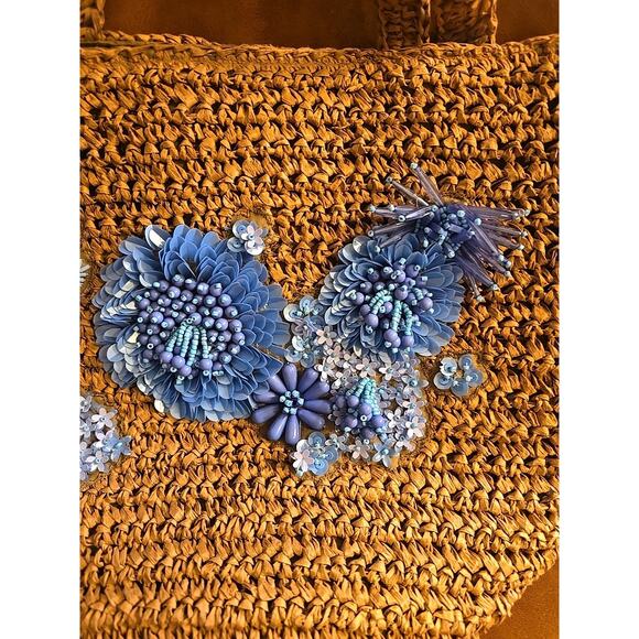 NWT Brown Floral Viral Beaded Handcrafted Made India Woven Tote Shoulder Handbag - Picture 3 of 8